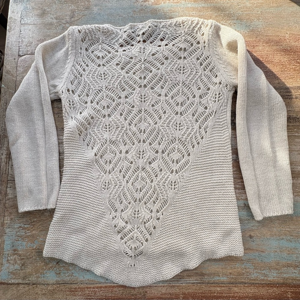 Anthropologie Bianca B Cream Knit Sweater with Lace-Back Detail